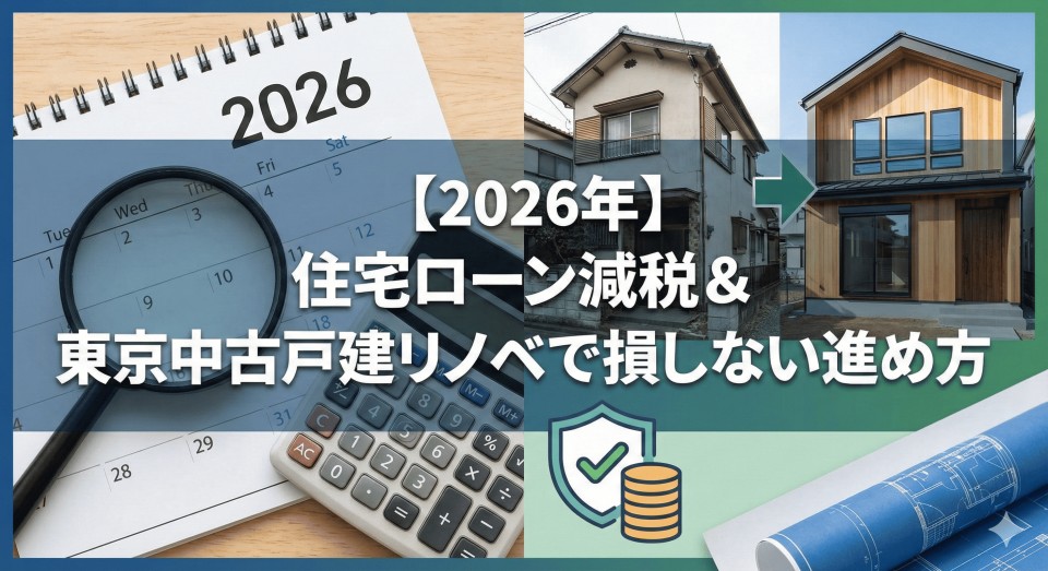 2026年の住宅ローン減税と東京の中古戸建リノベーション解説記事のアイキャッチ。カレンダー、電卓、リノベ前後の家の写真