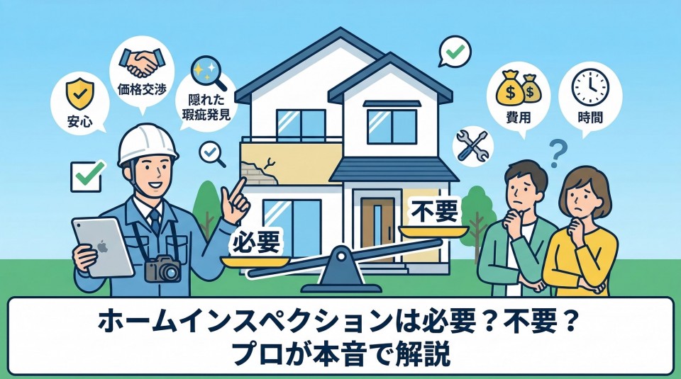 記事タイトル『ホームインスペクションは必要？不要？ プロが本音で解説』を伝えるアイキャッチ画像のイラスト。中央に住宅があり、それを挟んでホームインスペクターと悩むカップルが意見を天秤にかけている。インスペクター（左）の『必要』側には、『安心』『価格交渉』『隠れた瑕疵発見』のメリットアイコンがあり、天秤が大きく傾いている。カップル（右）の『不要』側には、『費用』『時間』のデメリットアイコンがある。