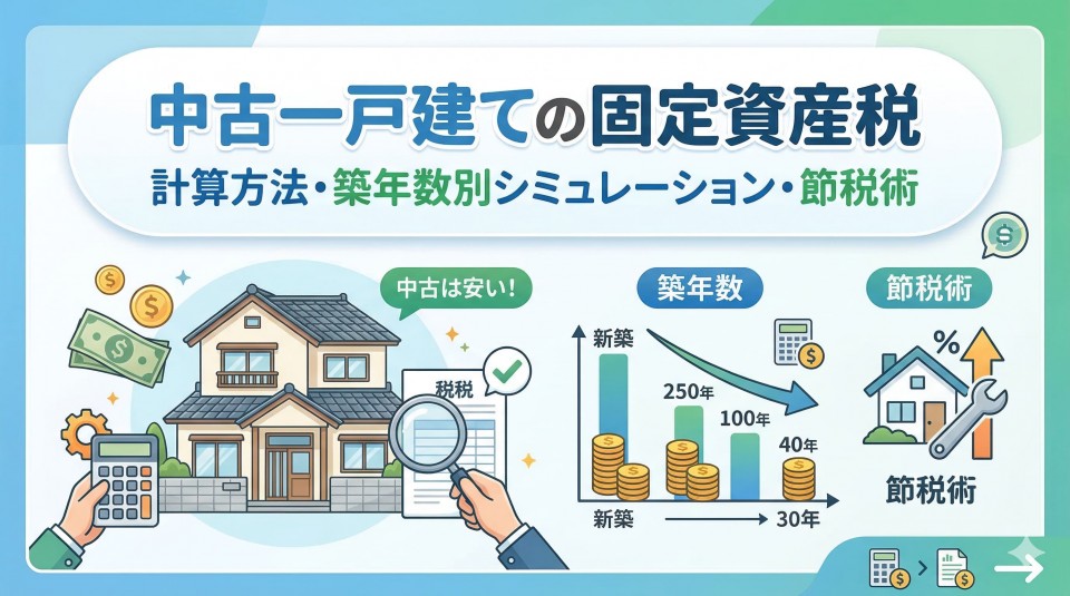 中古一戸建ての固定資産税（計算方法・築年数別シミュレーション・節税術）を解説するアイキャッチ画像