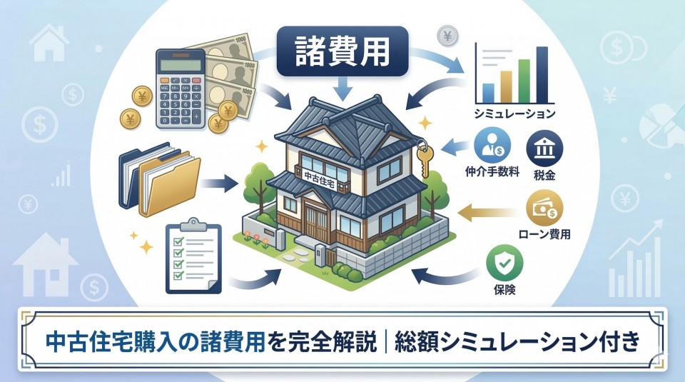 中古住宅購入の諸費用（仲介手数料、税金、ローン、保険など）の内訳を視覚化したインフォグラフィック。下部に記事タイトル「中古住宅購入の諸費用を完全解説｜総額シミュレーション付き」のテキスト。