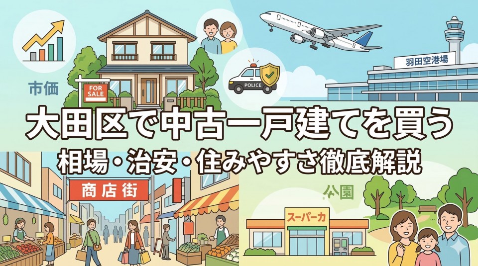 ブログ「大田区で中古一戸建てを買う 相場・治安・住みやすさ徹底解説」のアイキャッチ画像。  中央に大きな記事タイトルテキスト『大田区で中古一戸建てを買う 相場・治安・住みやすさ徹底解説』が配置され、その下に『商店街 公園』の文字があります。  周囲には、中古一戸建て（FOR SALE看板付き）、笑顔のカップルと家族、上昇グラフ（『市価』テキスト）、羽田空港と飛行機（『羽田空港』テキスト）、パトカー（『POLICE』テキストと盾アイコン）、賑やかな商店街（野菜や果物の露店）、スーパーマーケット（『スーパー』と思われる看板）、パトカー、木々とベンチのある公園のイラストが散りばめられています。  大田区の住環境、アクセス、治安、生活利便性など、住まい探しに役立つ情報が視覚的に表現されています。