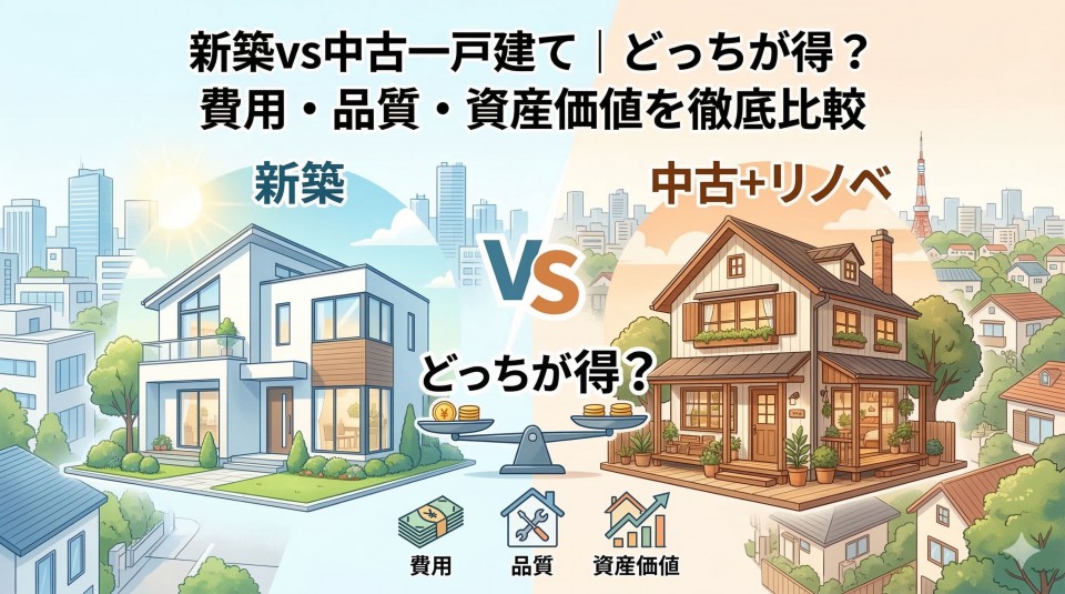 新築 vs 中古一戸建ての比較。上部に「新築vs中古一戸建て | どっちが得?費用・品質・資産価値を徹底比較」のタイトル。左側にモダンで白い新築住宅と青空、上部に「新築」の文字。右側に温かみのある木造の中古(リノベーション済み)住宅と落ち着いた街並み、上部に「中古+リノベ」の文字。中央に「VS」、「どっちが得?」、コインを載せた天秤が配置されている。下部には「費用」(札束とコイン)、「品質」(家と工具)、「資産価値」(家と上昇グラフ)のアイコンが並び、3つの比較項目を示している。背景は都市の風景。