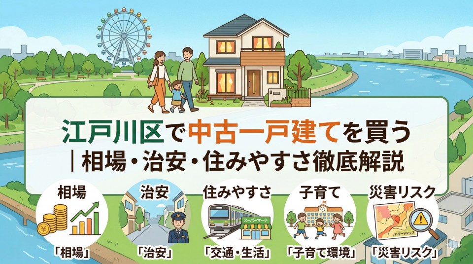 江戸川区をイメージした川や観覧車の風景と、一戸建てに向かう親子のイラスト。「江戸川区で中古一戸建てを買う|相場・治安・住みやすさ徹底解説」というタイトルと、相場・治安・交通・子育て・災害リスクのアイコンが描かれたアイキャッチ画像。