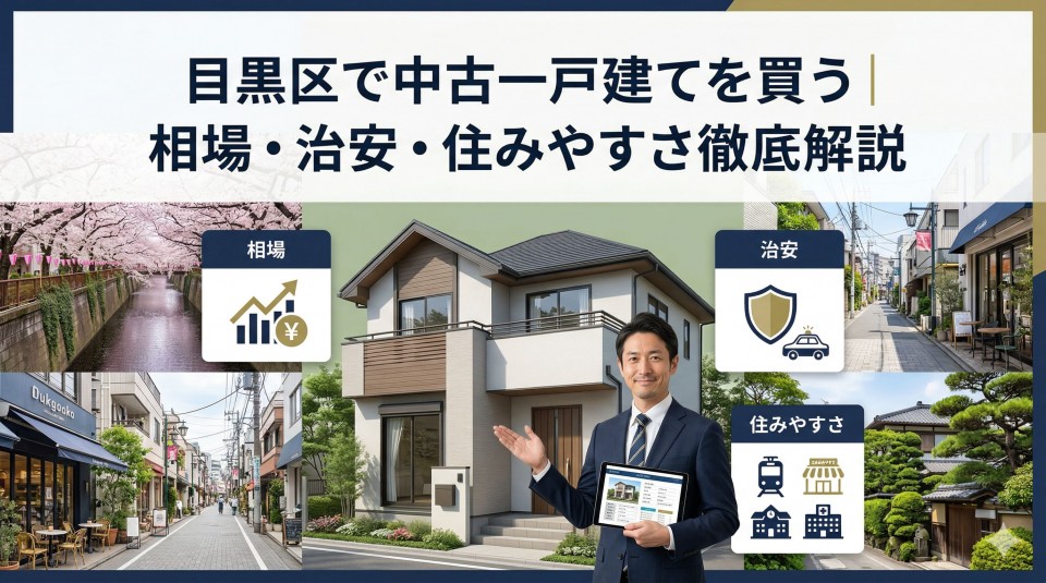 ブログ記事「目黒区で中古一戸建てを買う|相場・治安・住みやすさ徹底解説」のアイキャッチ画像。中央にモダンな一戸建てと笑顔の男性(宅地建物取引士)が立ち、周囲には中目黒の桜並木やおしゃれな街並み(「相場」「治安」「住みやすさ」のアイコン付き)の写真が配置されています。