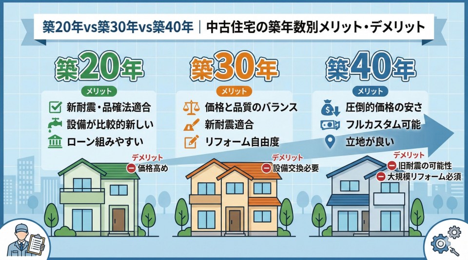 築20年vs築30年vs築40年｜中古住宅の築年数のインフォグラフィック