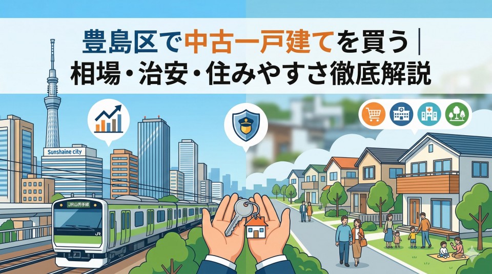 「豊島区で中古一戸建てを買う|相場・治安・住みやすさ徹底解説」のタイトルと、池袋の街並み、山手線、閑静な住宅街、家族を描いたイラスト。中央に家と鍵のアイコン。