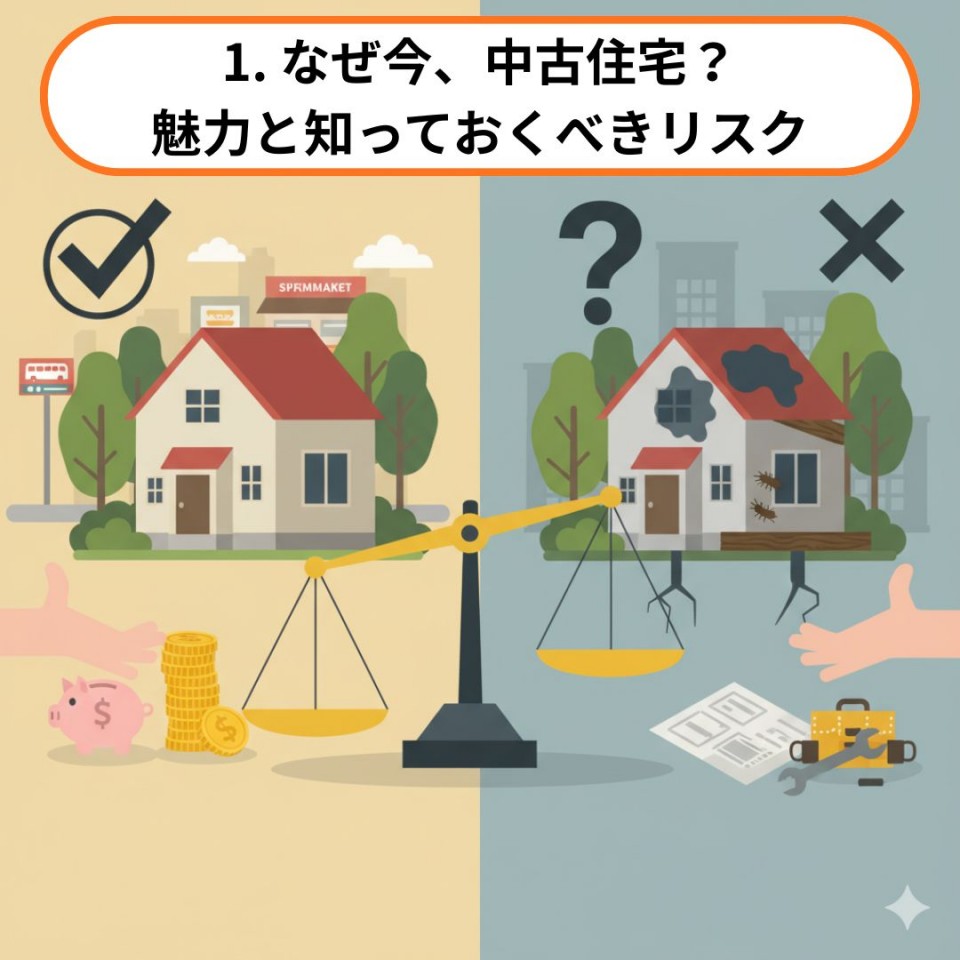 1. なぜ今、中古住宅？魅力と知っておくべきリスクのイメージイラスト